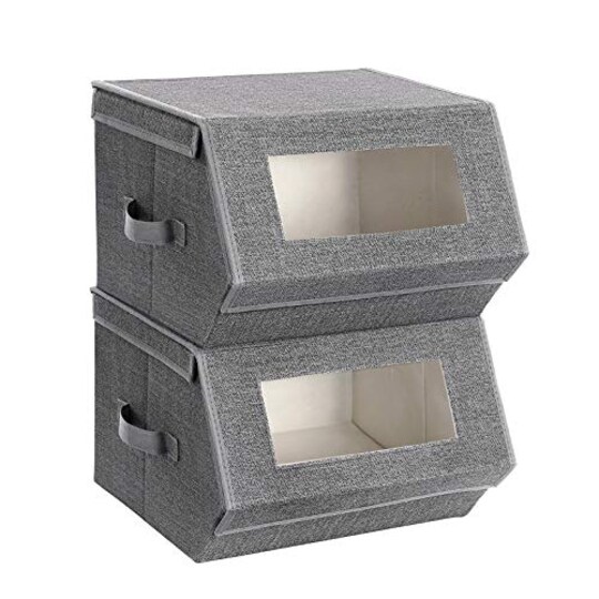 SONGMICS; SONGMICS Stackable Storage Bins Set of 2, Storage Boxes with Lids and Front Windows, Non-Woven Fabric Closet Organizers with Magnetic Closures, Side Handles, Dark Gray URPLB02G; Category:Bedroom & Closet Storage; Image:1